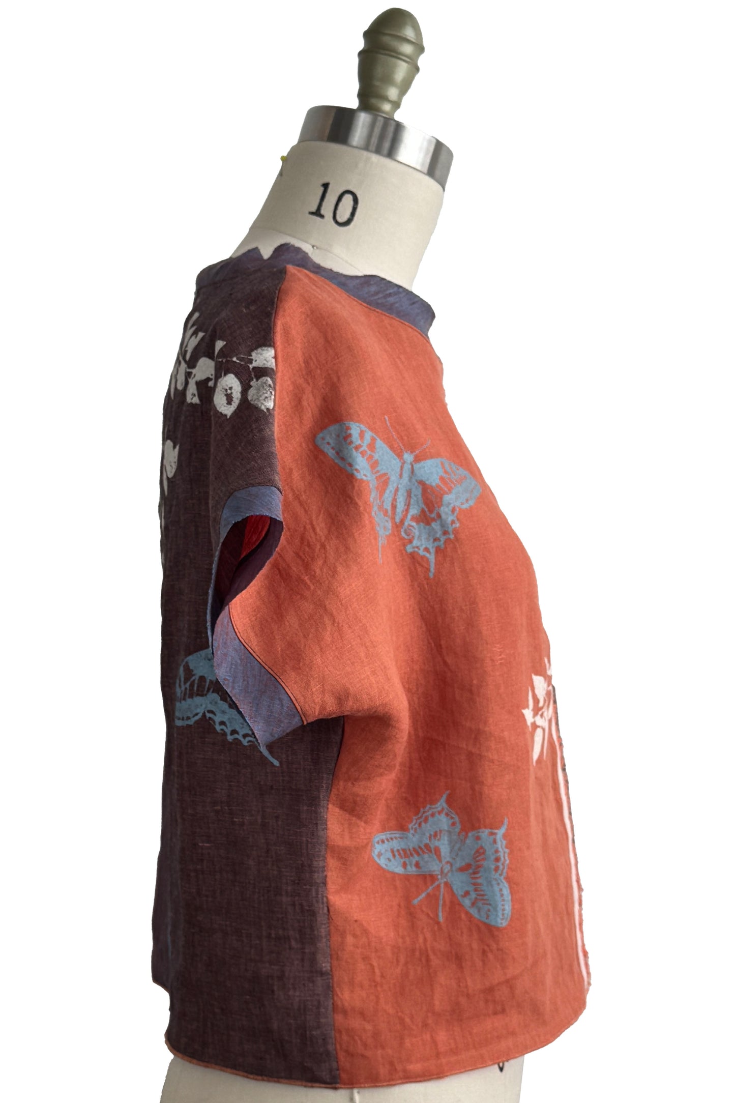 Jen Top | Linen | Vine & Butterfly Print | Orange, Brown & White | Small