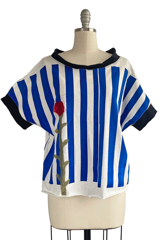 Jen Top - Jersey - Stripe & Felted Flower - White, Blue & Black - Medium