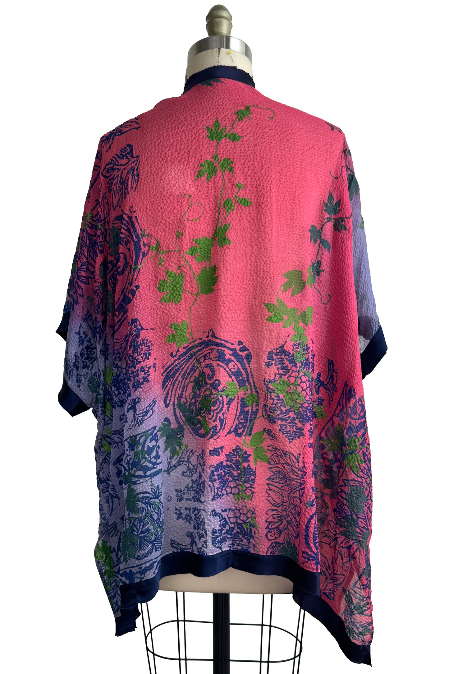 Lucianne Drape Seersucker Silk - Tile & Vine Print - Pink & Blue