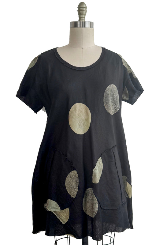 Athena Dress in Linen - Moon Print - Black & Natural- Small