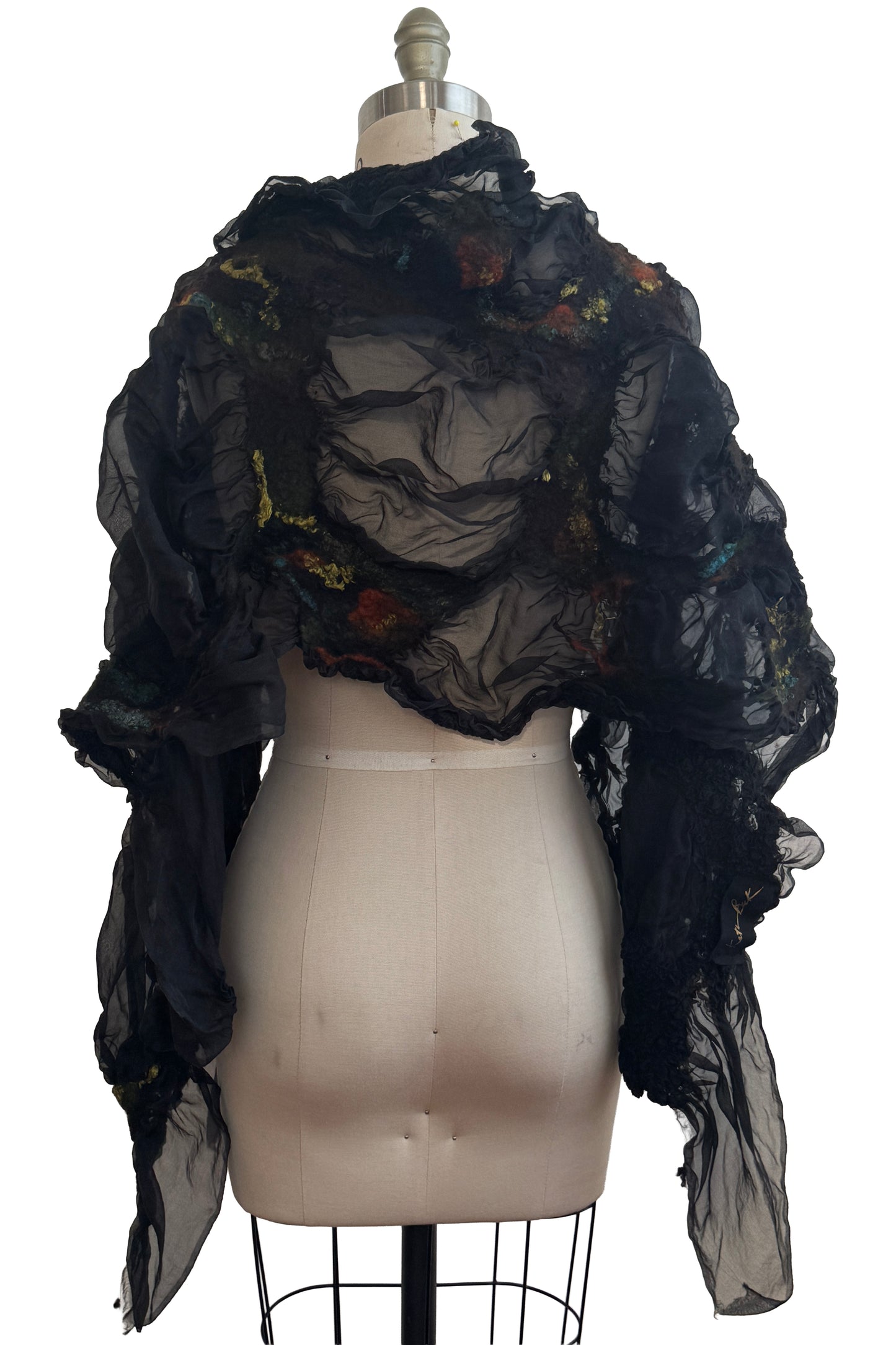 Felted Shawl | Silk Organza | Black, Rust, Turquoise & Gold