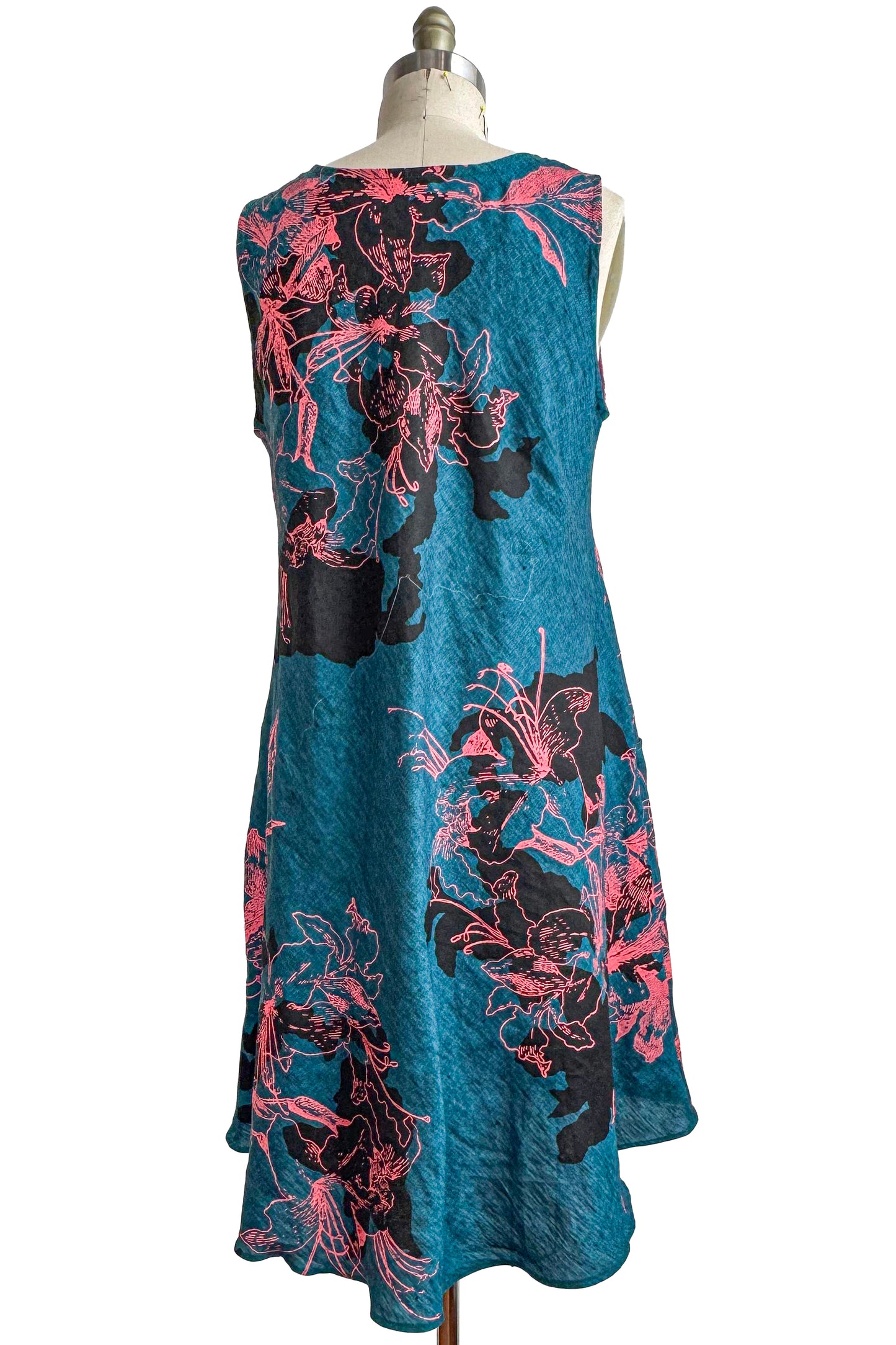 Emilia Dress - Linen - Azalea Print - Turquoise, Pink & Black - Small