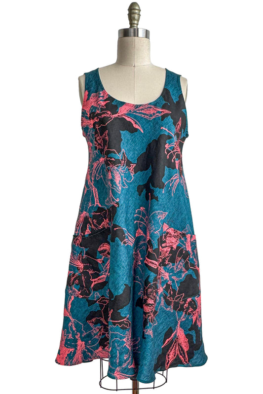 Emilia Dress - Linen - Azalea Print - Turquoise, Pink & Black - Small