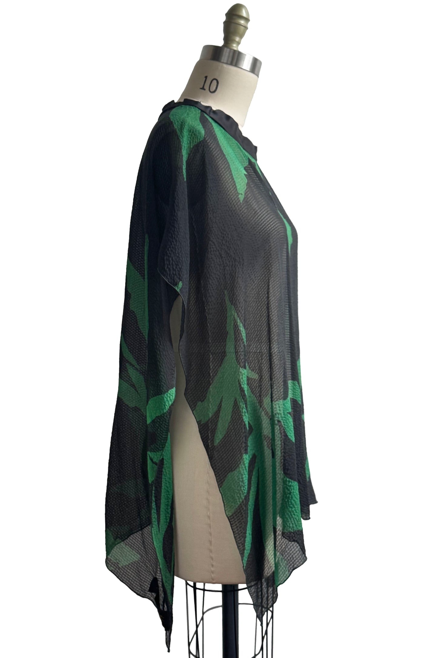 Seersucker Silk Poncho w/ Azalea Leaf Print - Black & Green