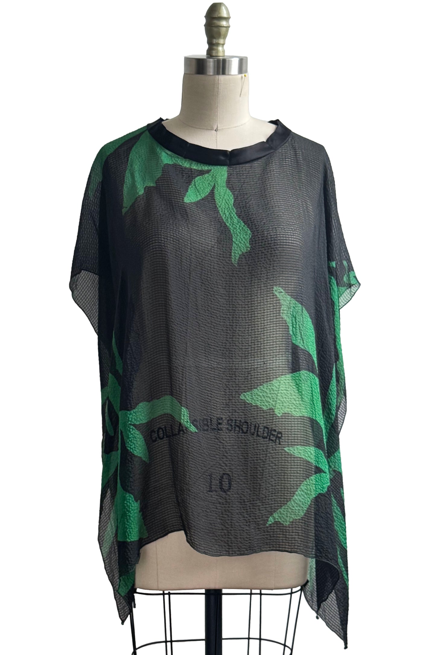 Seersucker Silk Poncho w/ Azalea Leaf Print - Black & Green