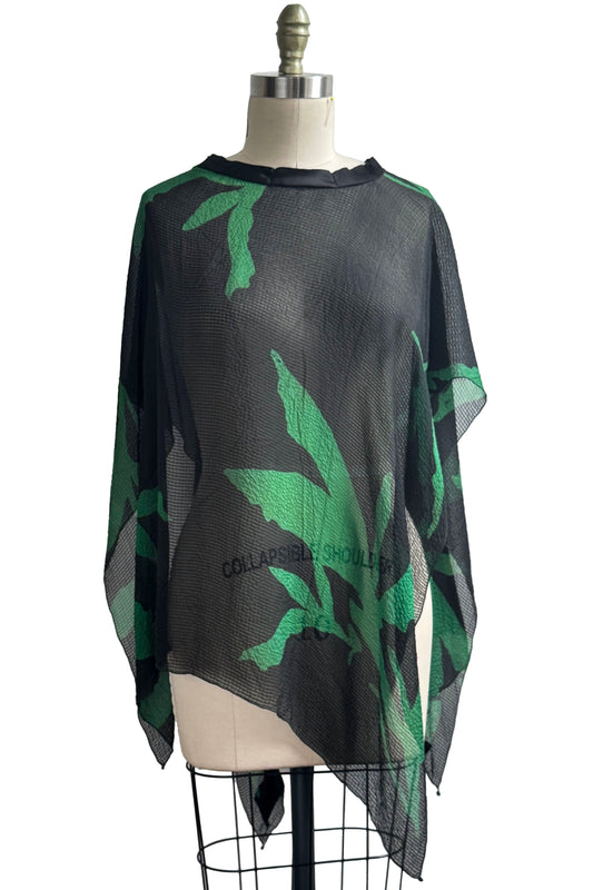 Seersucker Silk Poncho w/ Azalea Leaf Print - Black & Green