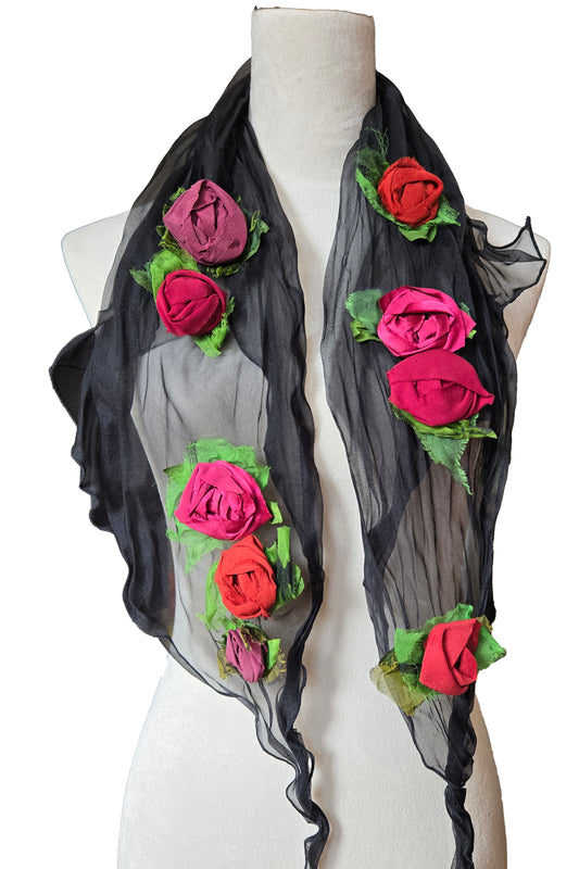 Flower Scarf - Black w/ Red/Pink Multi