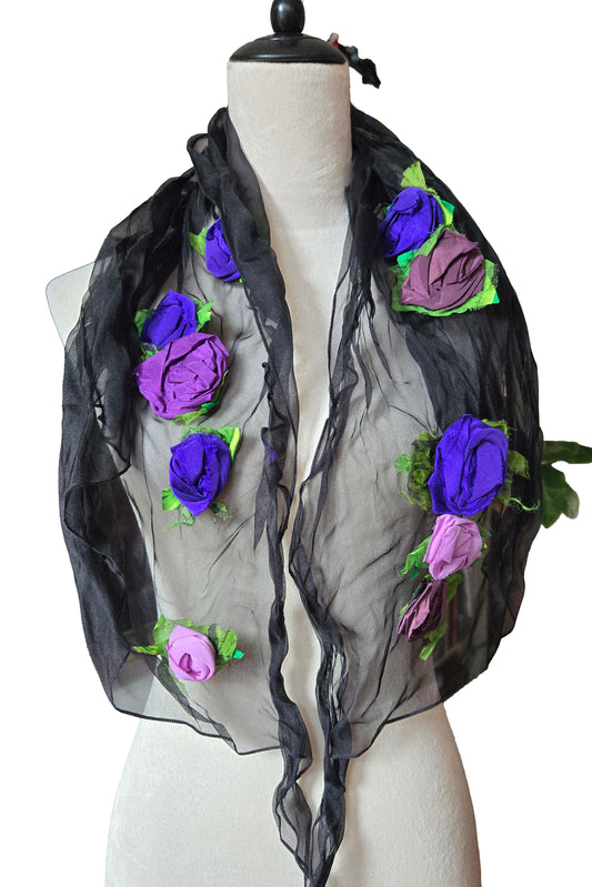 Flower Scarf - Black w/ Purple