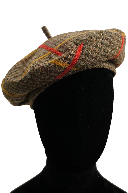 Silk Lined Beret Hat w/ Applique - Houndstooth Brown & Orange, Gold Plaid - Medium (Copy)