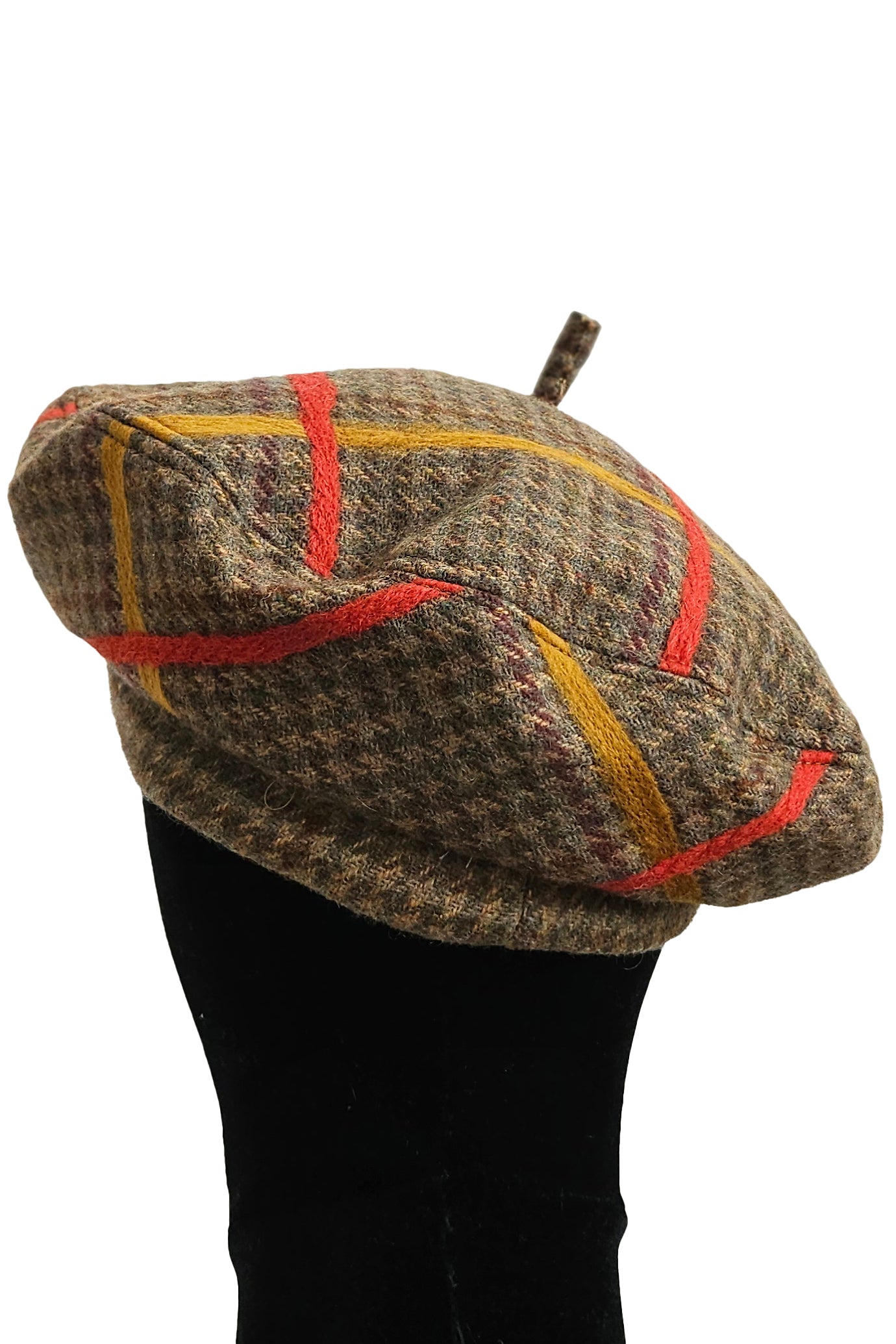 Silk Lined Beret Hat w/ Applique - Houndstooth Brown & Orange, Gold Plaid - Medium (Copy)