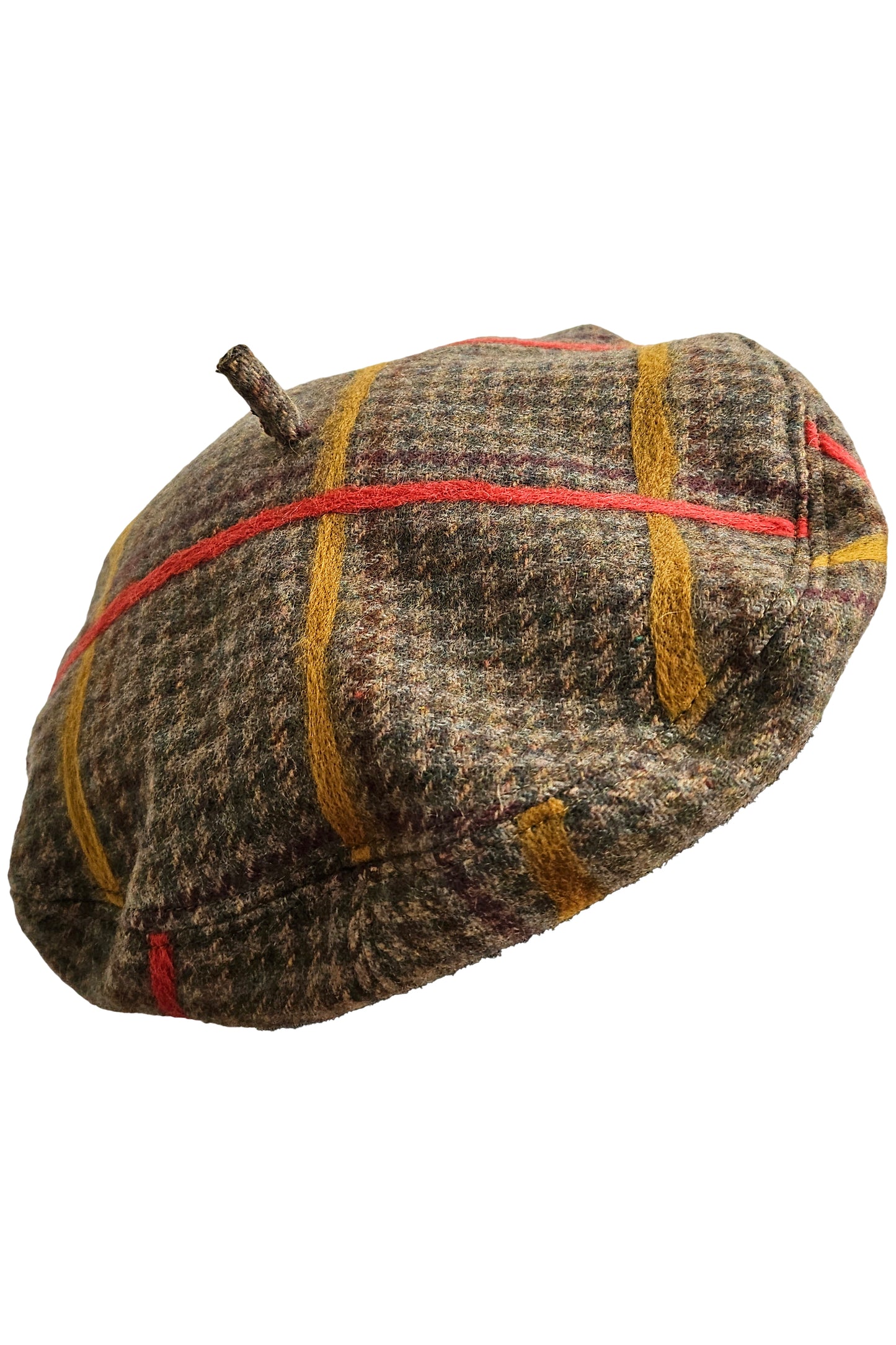 Silk Lined Beret Hat w/ Applique - Houndstooth Brown & Orange, Gold Plaid - Medium (Copy)