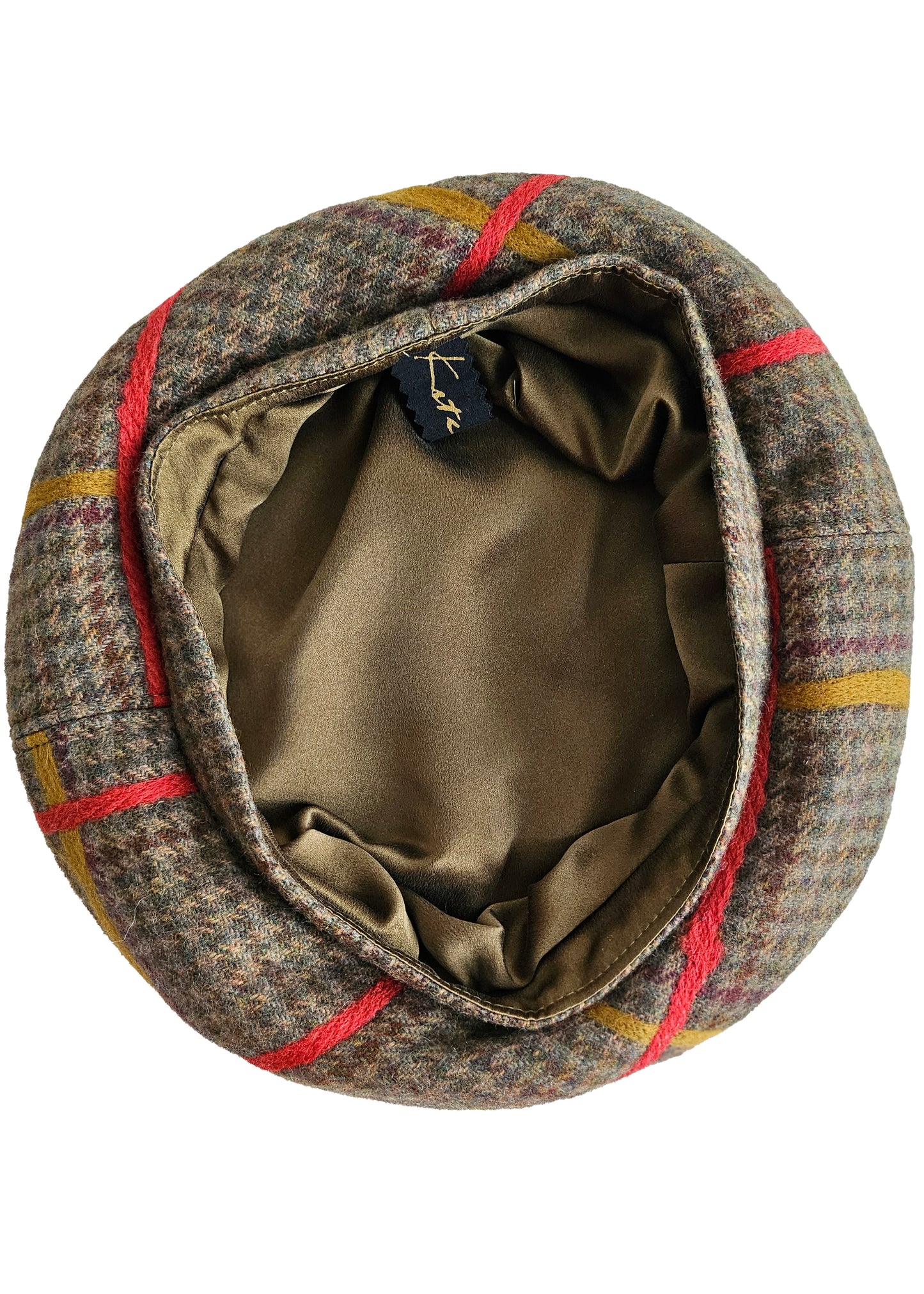 Silk Lined Beret Hat w/ Applique - Houndstooth Brown & Orange, Gold Plaid - Medium (Copy)