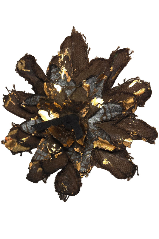Magnetic Flower Brooch - Cotton - Foil Print - Brown & Copper