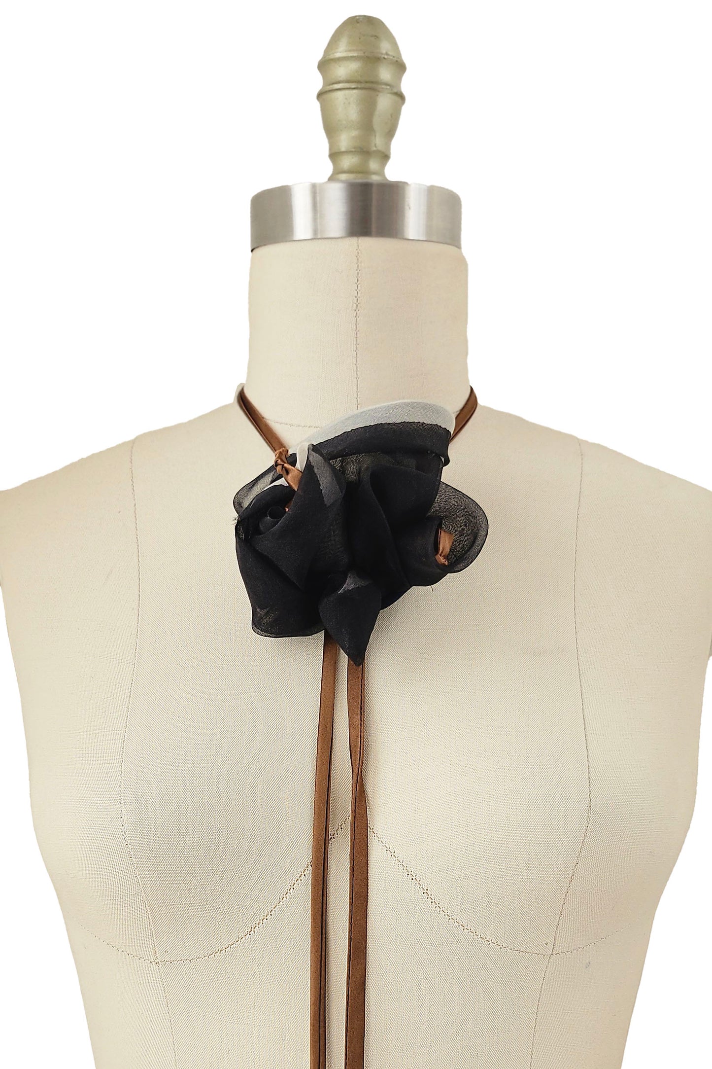 Adriana Handcrafted Silk Bolo Tie Necklace made from fabric remnants with sculpted floral detail.