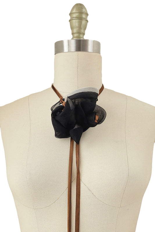 Adriana Handcrafted Silk Bolo Tie Necklace made from fabric remnants with sculpted floral detail.