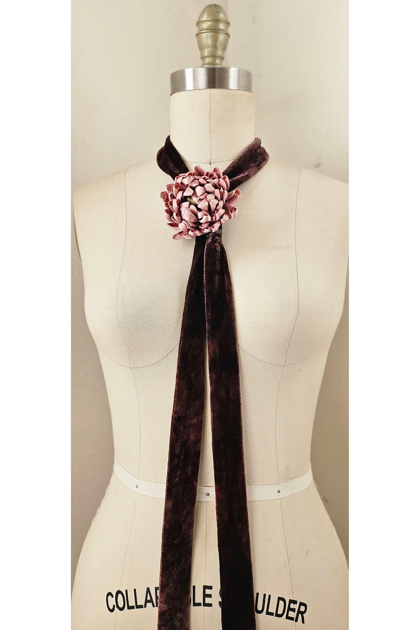 Adriana Silk Bolo Tie Necklace | Rose Tsumami Chrysanthemum & Velvet