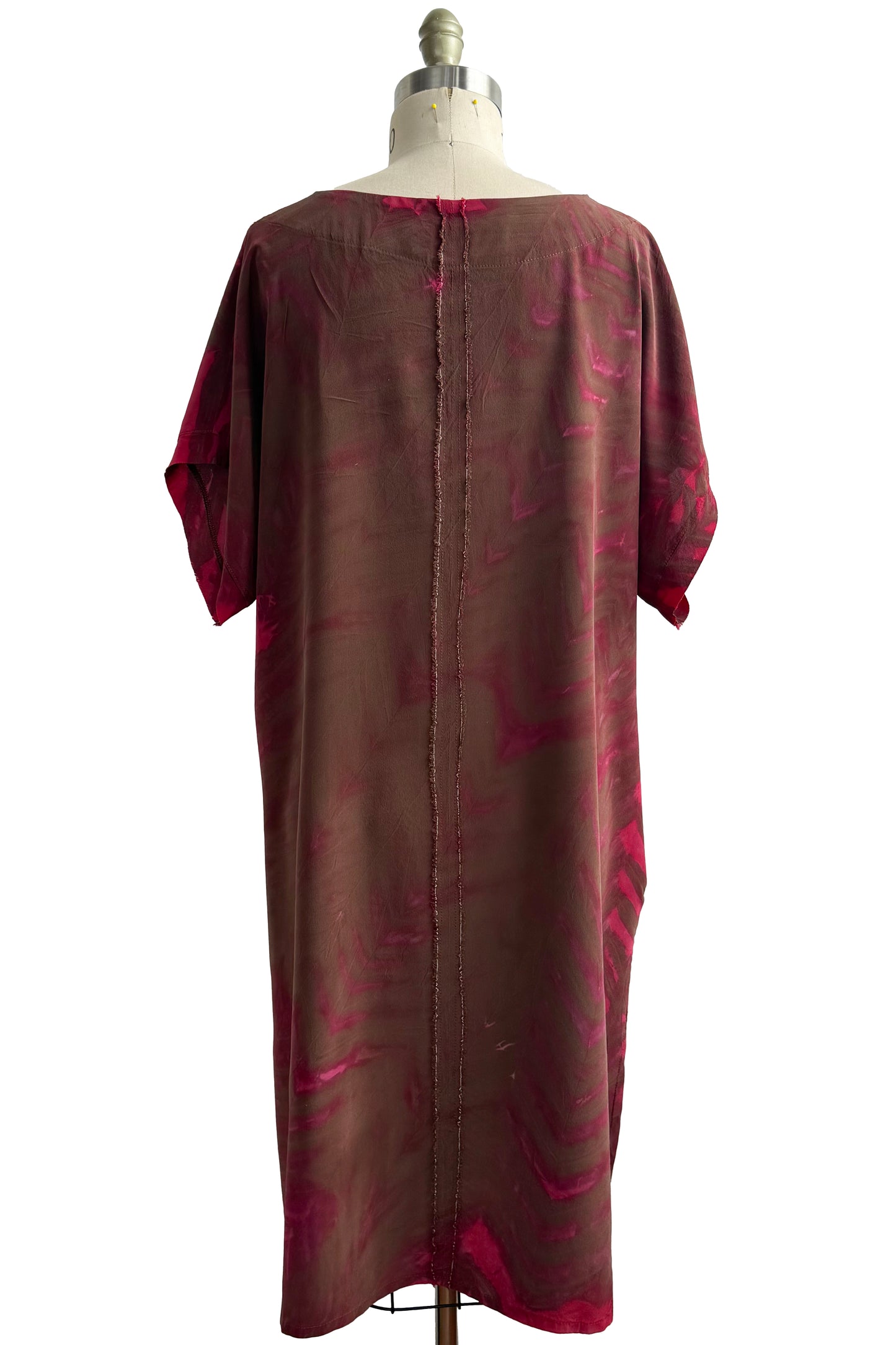 Kaftan Dress Short Sleeve w/ Shibori Arashi Dye - Brown & Pink - Large
