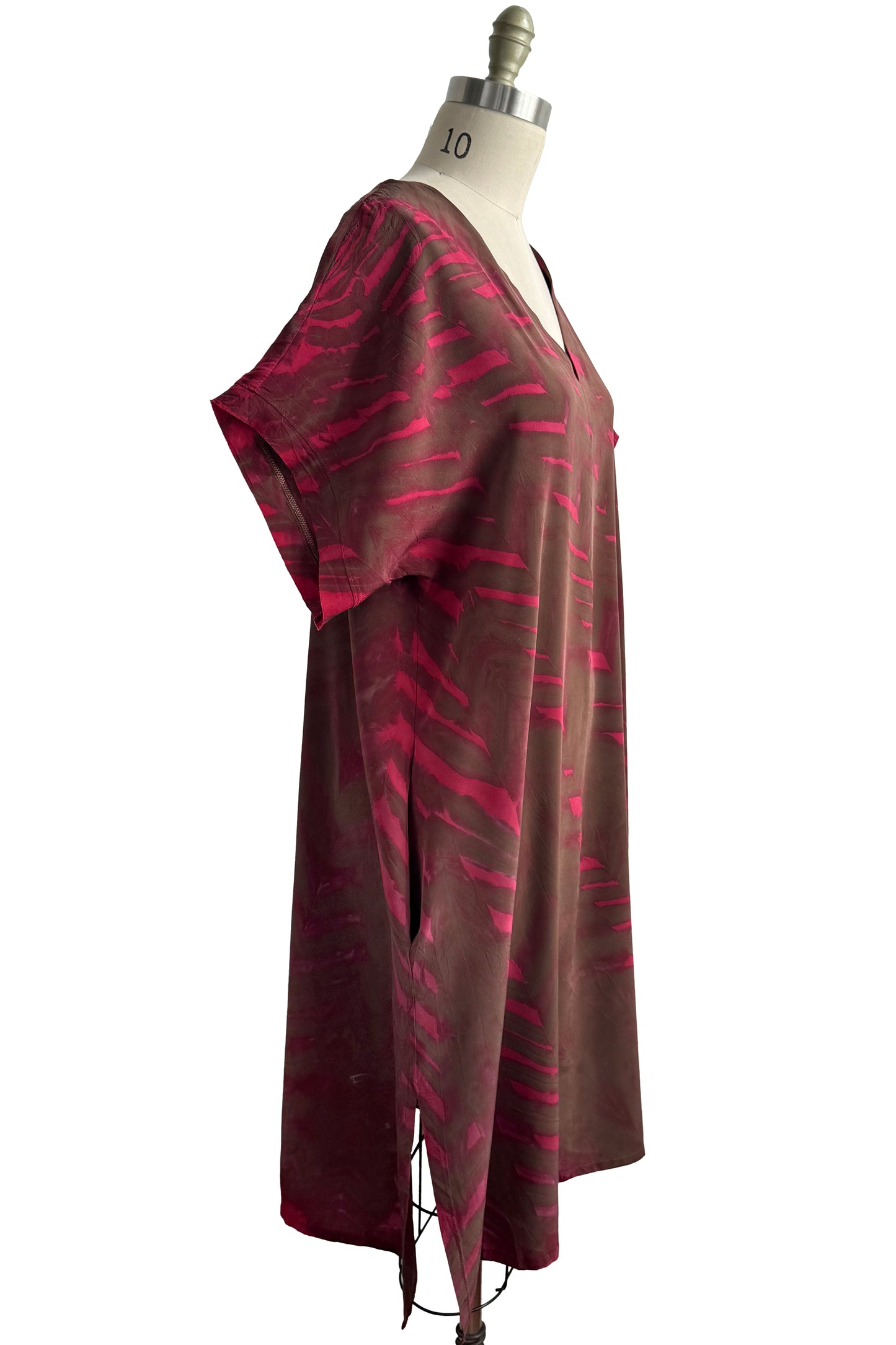 Kaftan Dress Short Sleeve w/ Shibori Arashi Dye - Brown & Pink - Large