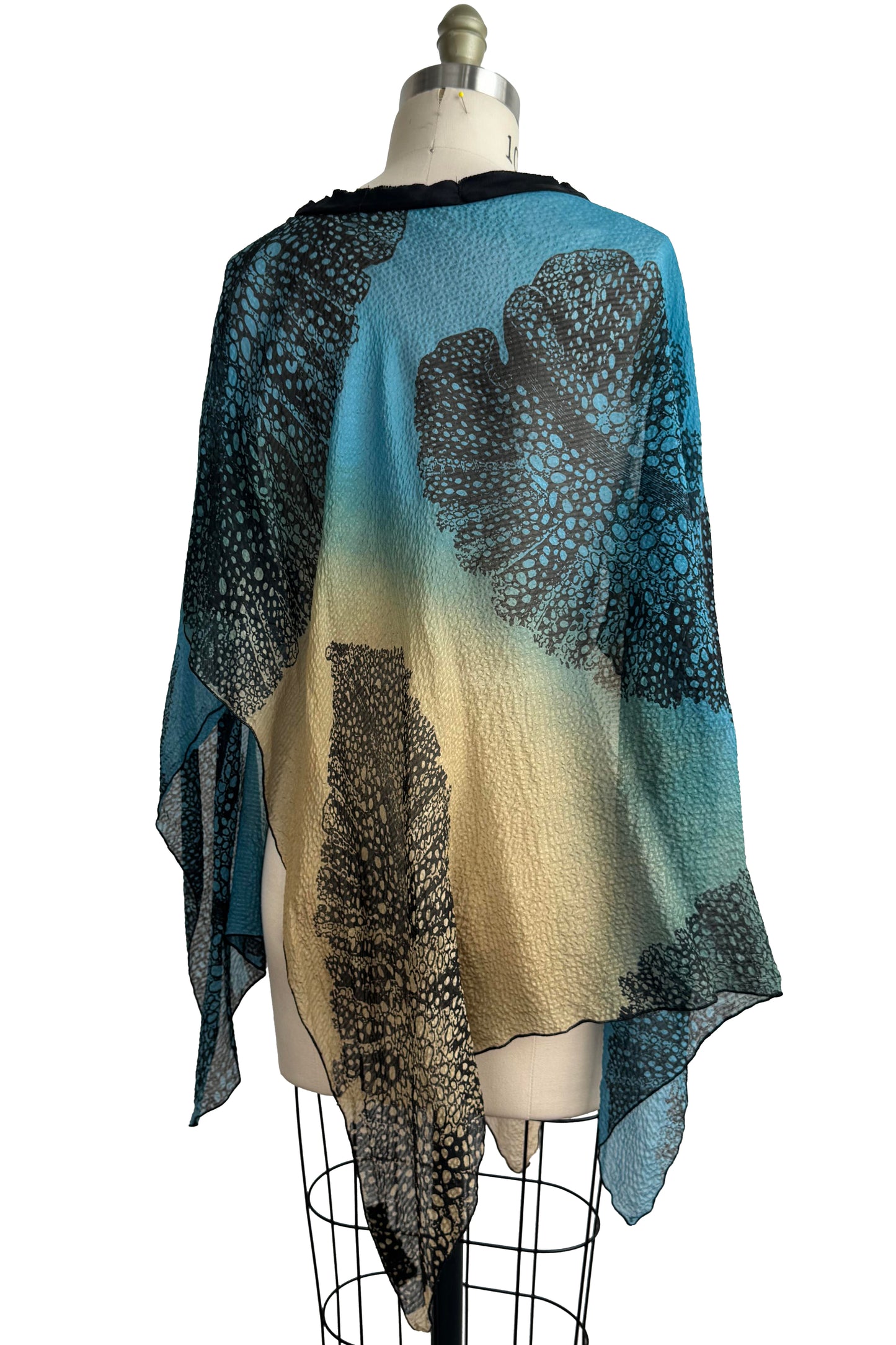 Seersucker Silk Poncho w/ Big Leaf Print - Green, Blue & Black