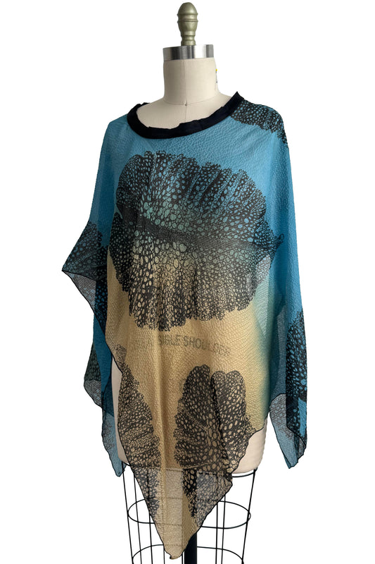 Seersucker Silk Poncho w/ Big Leaf Print - Green, Blue & Black
