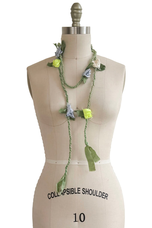 Hand Twisted Green Rope Lariat - Silk Flowers - Light Blue, White & Lime Green