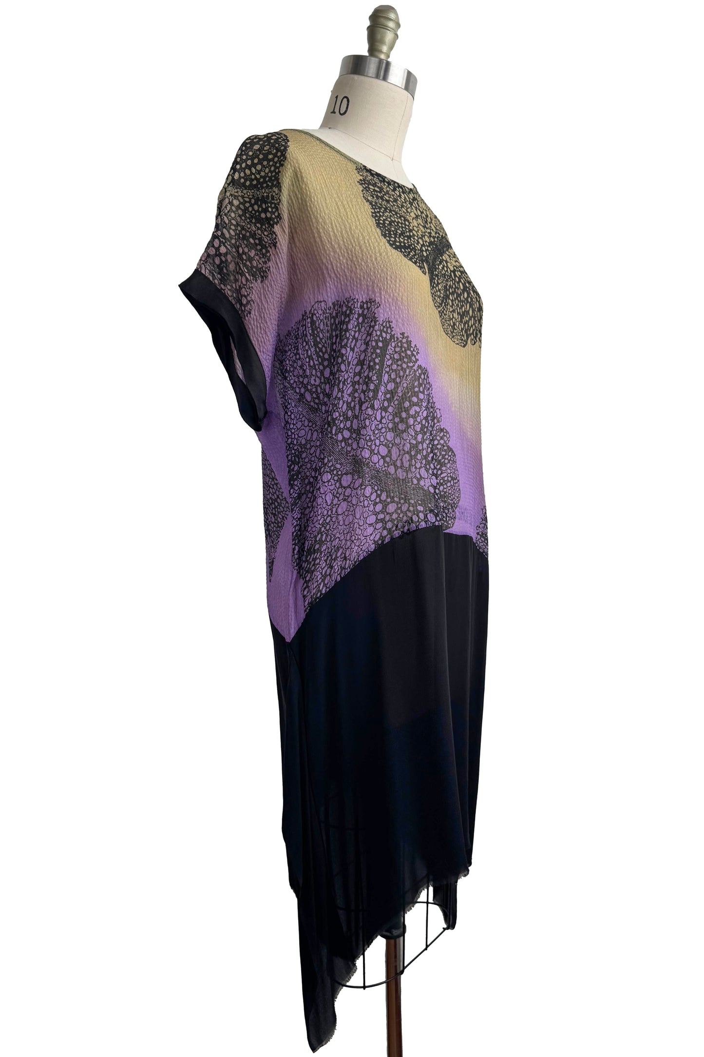 Essa Dress Seersucker Silk - Big Leaf Print - Green & Purple Ombre - Medium