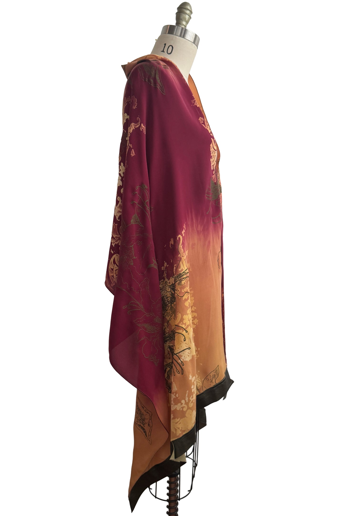 Shawl w/ Leather Trim | Silk Georgette | Wallpaper & Azalea Print | Wine & Tangerine