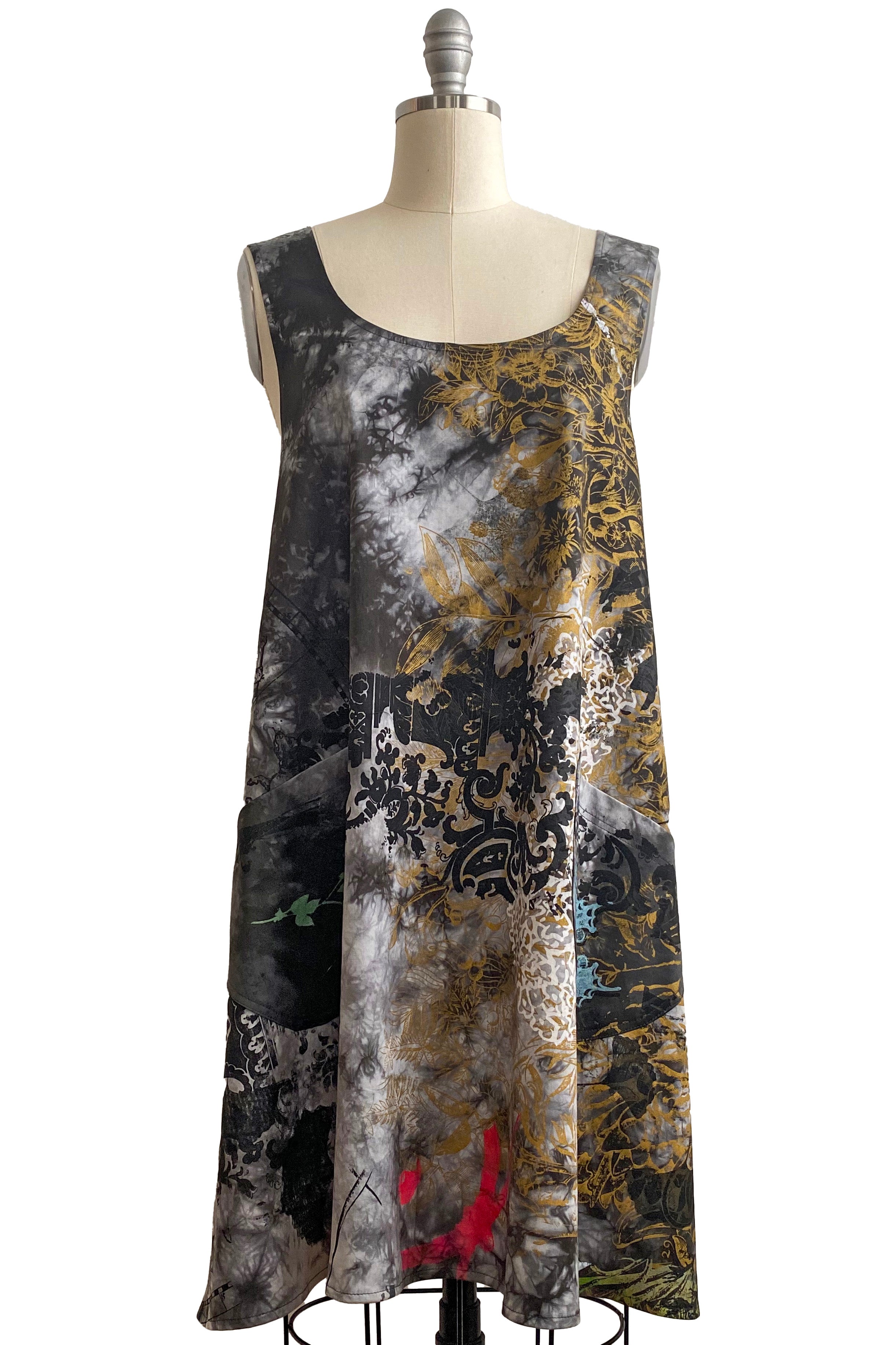 Apron Dress in Cotton w/ Chaos Print & Tie Dye - Storm, Gold, & Pink Accent