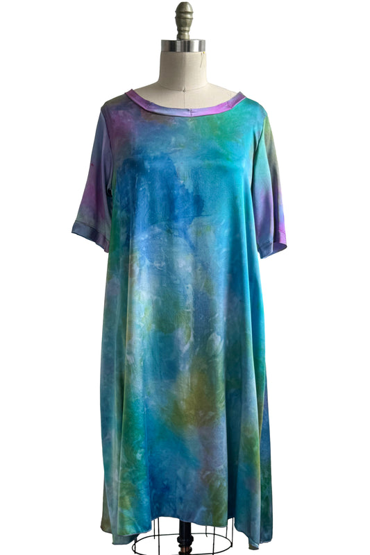 Jazzy Fest Dress in Silk w/ Painted Dye - Turquoise, Purple, Blue & Green - Small