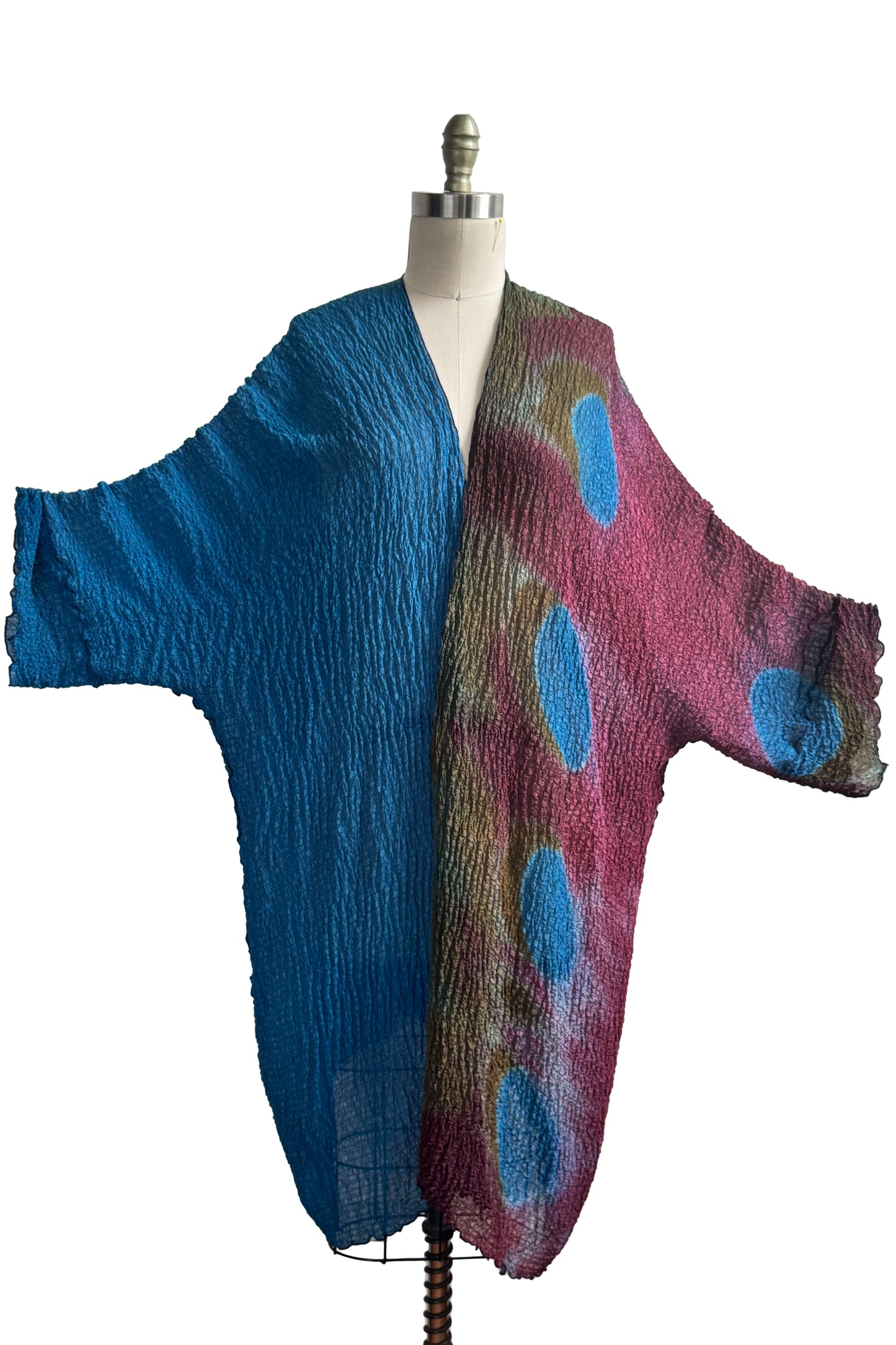 Lundy Duster in Waffle Silk w/ Shibori Dye - Turquoise Blue, Red & Olive