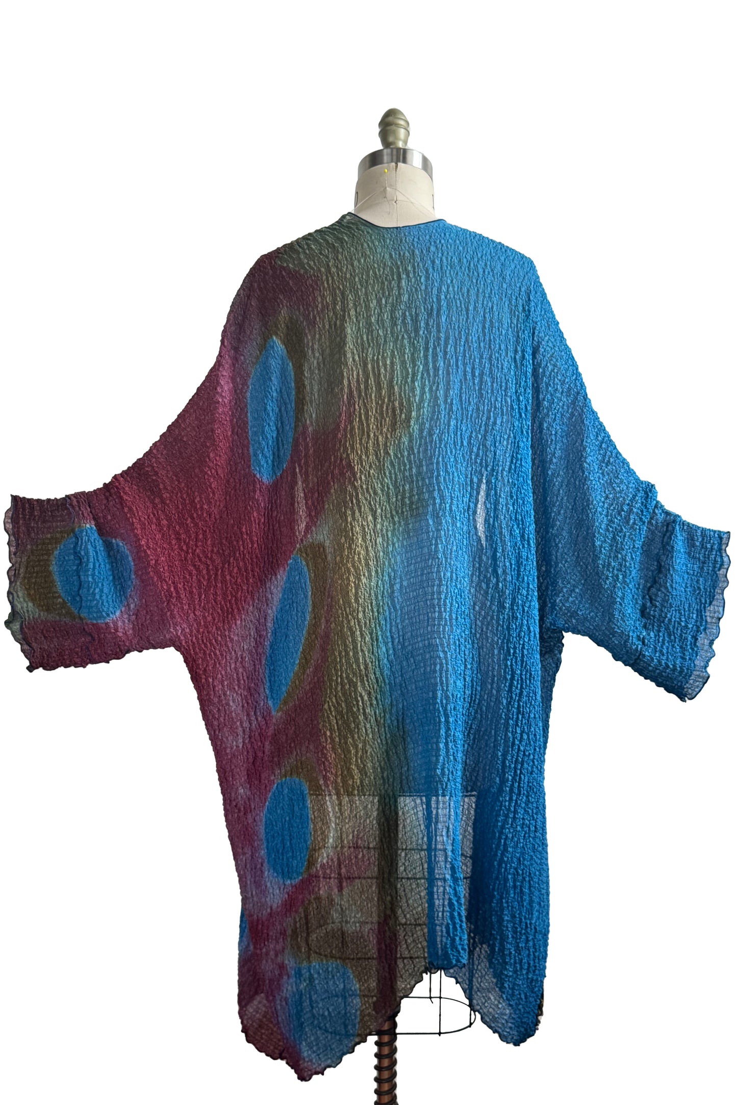 Lundy Duster in Waffle Silk w/ Shibori Dye - Turquoise Blue, Red & Olive