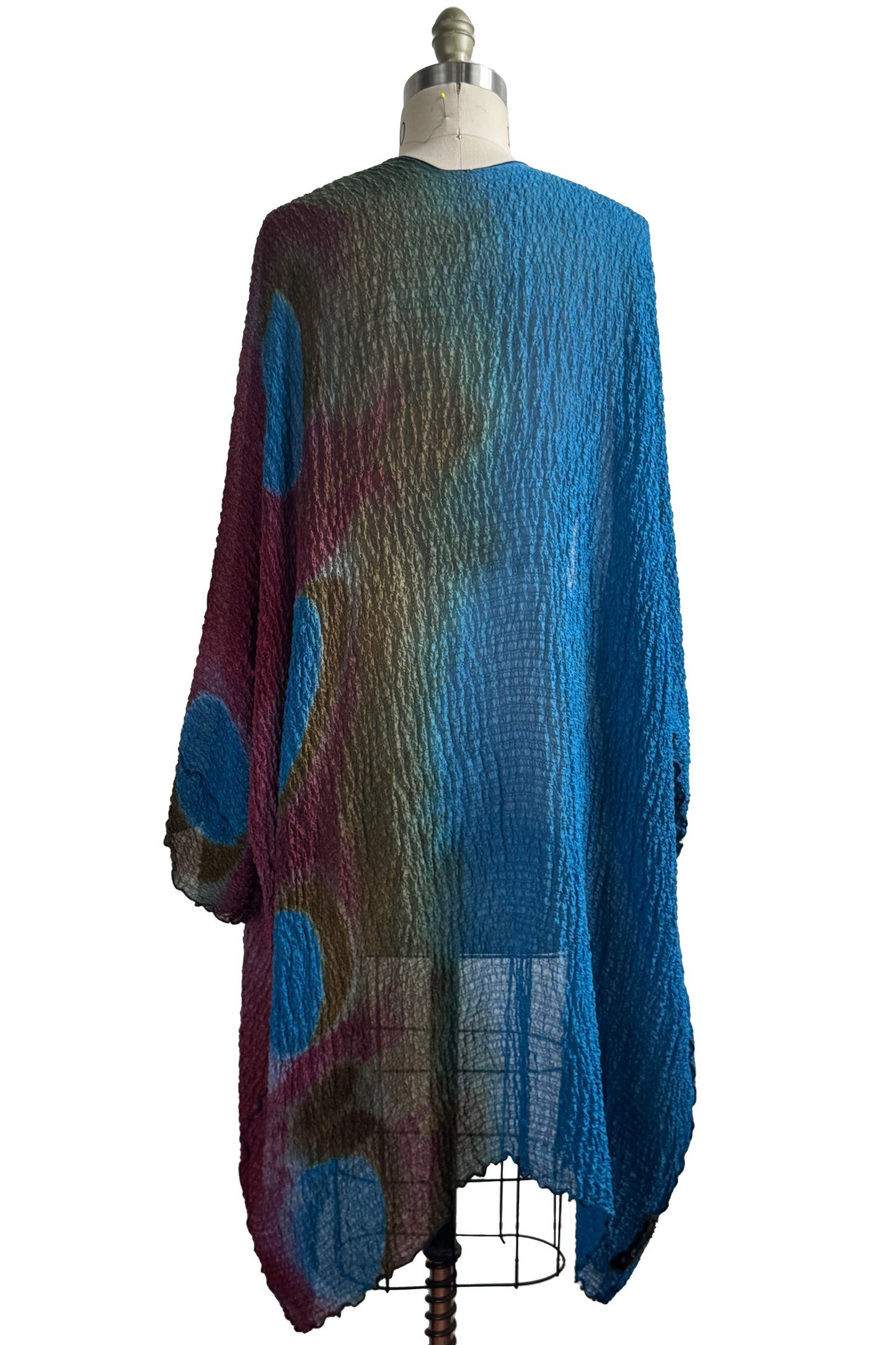 Lundy Duster in Waffle Silk w/ Shibori Dye - Turquoise Blue, Red & Olive