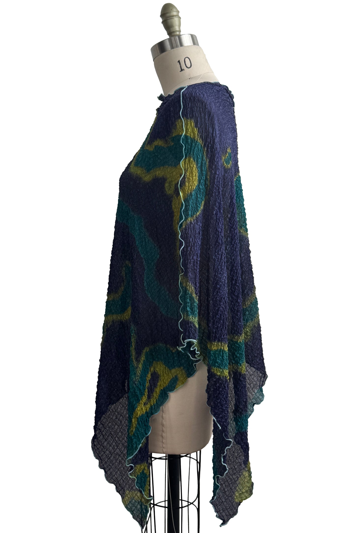 Asymmetrical Layover Poncho | Waffle Textured Silk | River Dyed | Blue, Turquoise & Yellow
