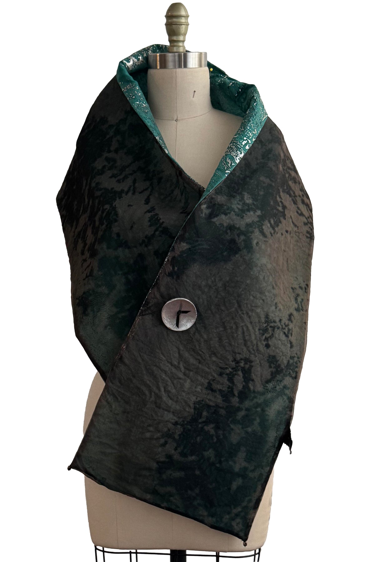 Scarf in Silk Organza & Taffeta | Alligator Foil Print | Turquoise, Silver & Grey