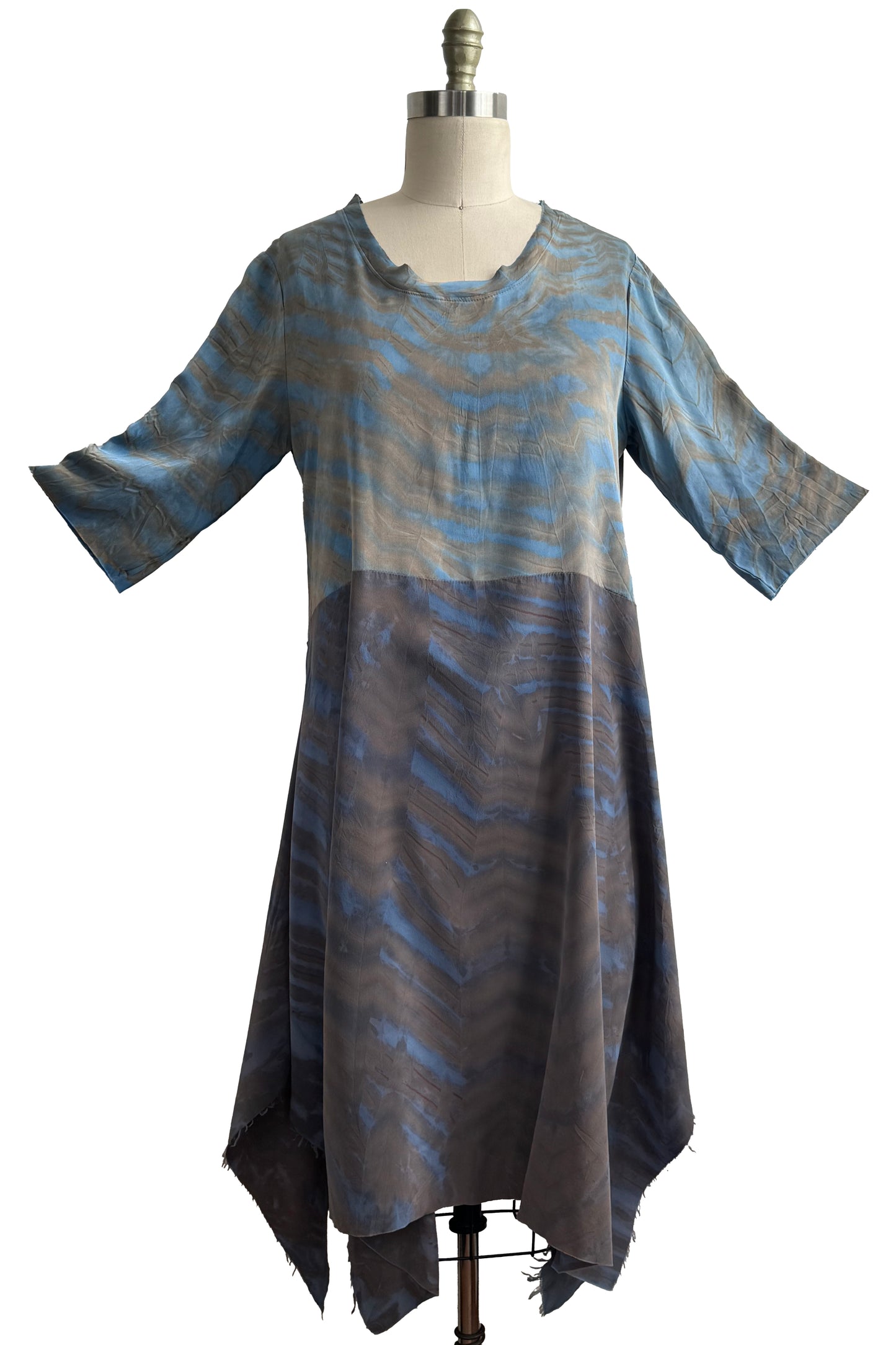 Marais Dress in Stretch Silk & Crepe De Chine w/ Shibori Arashi - Blue & Grey - M/L
