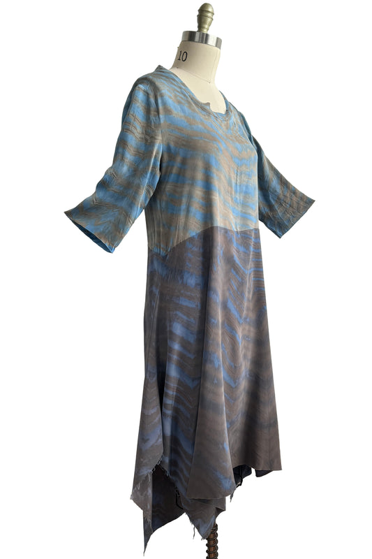 Marais Dress in Stretch Silk & Crepe De Chine - Shibori Arashi - Blue & Grey - M/L