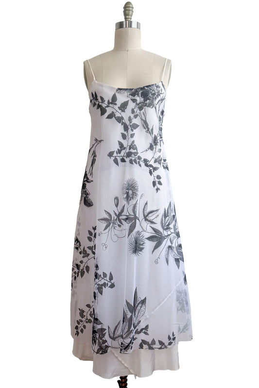 Kappa Reversible Dress in Silk - Camellia & Vine Print - White & Black - Medium
