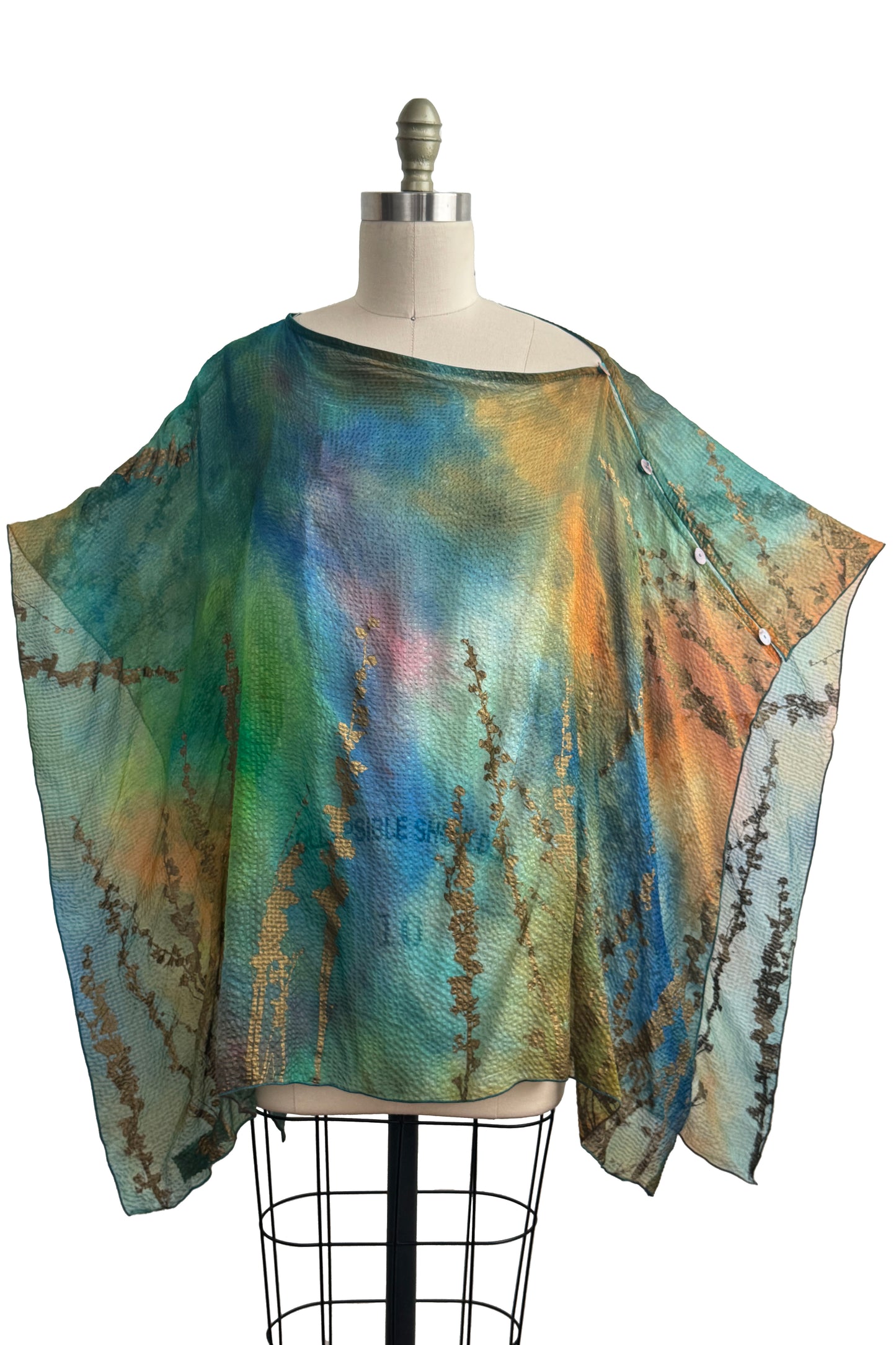 Button Drape | Seersucker Silk | Painted Dye w/ Hollyhock Print | Greens, Blues, & Pink
