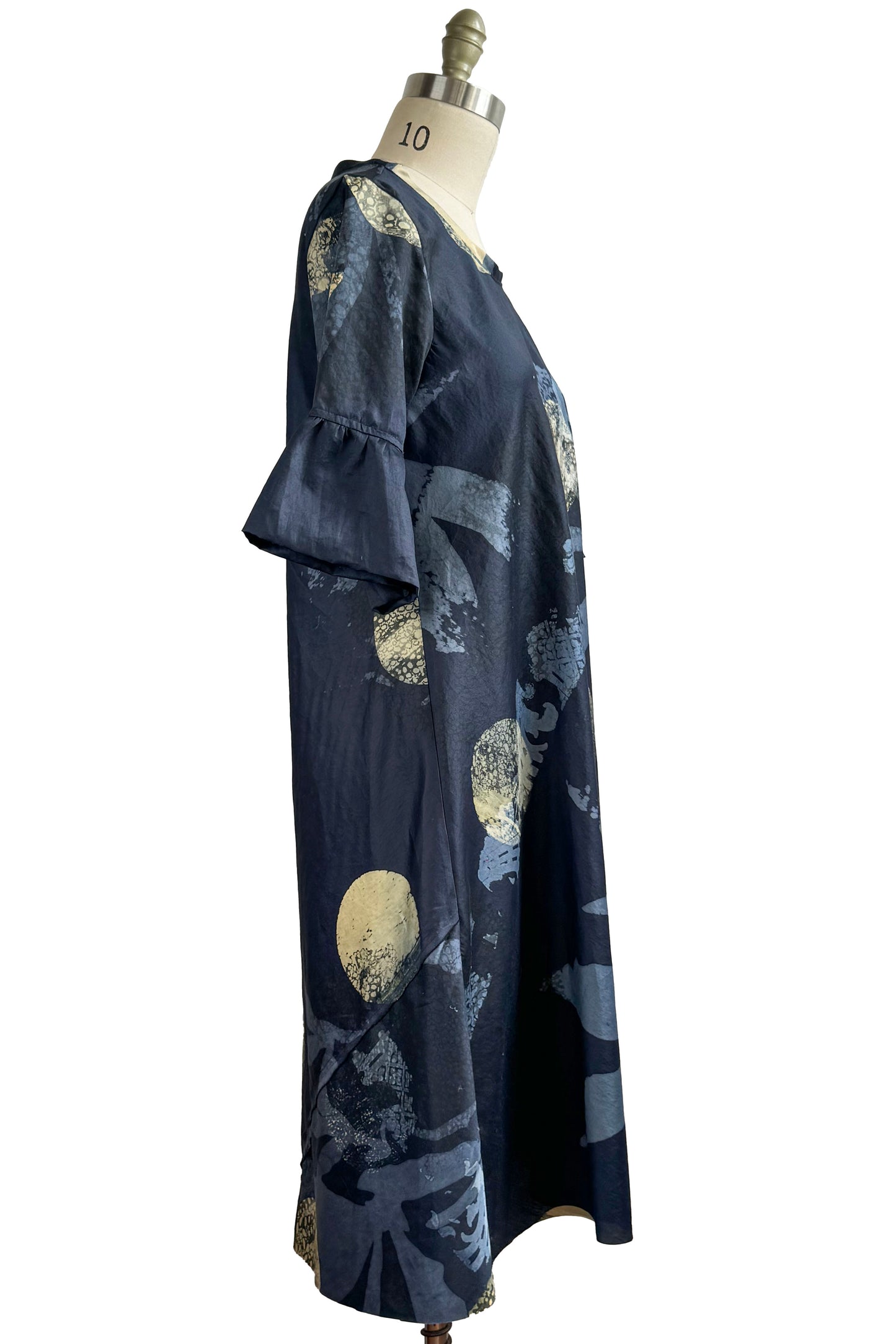 Jazzy Fest Dress in Silk Linen w/ Azalea & Moon Print - Indigo & Natural - Small