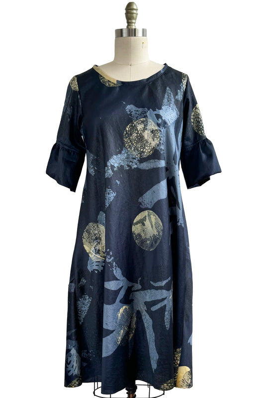 Jazzy Fest Dress in Silk Linen w/ Azalea & Moon Print - Indigo & Natural - Small