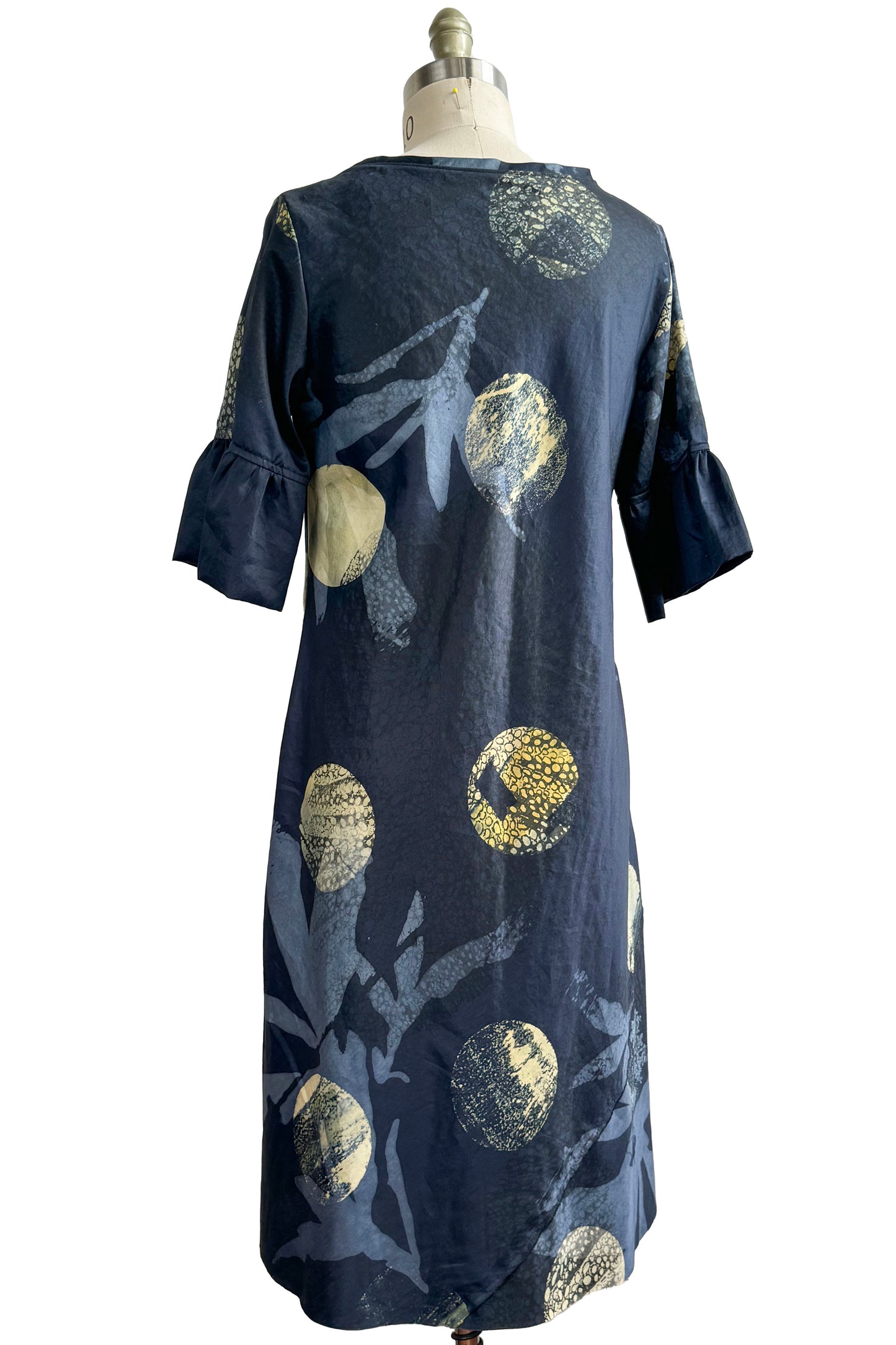 Jazzy Fest Dress in Silk Linen w/ Azalea & Moon Print - Indigo & Natural - Small