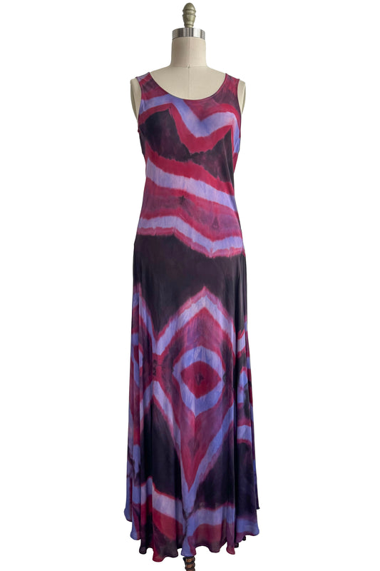 Fan Dress in Silk Georgette - Itajime Dye - Eggplant Purple, Fuschia & Lavender - Small