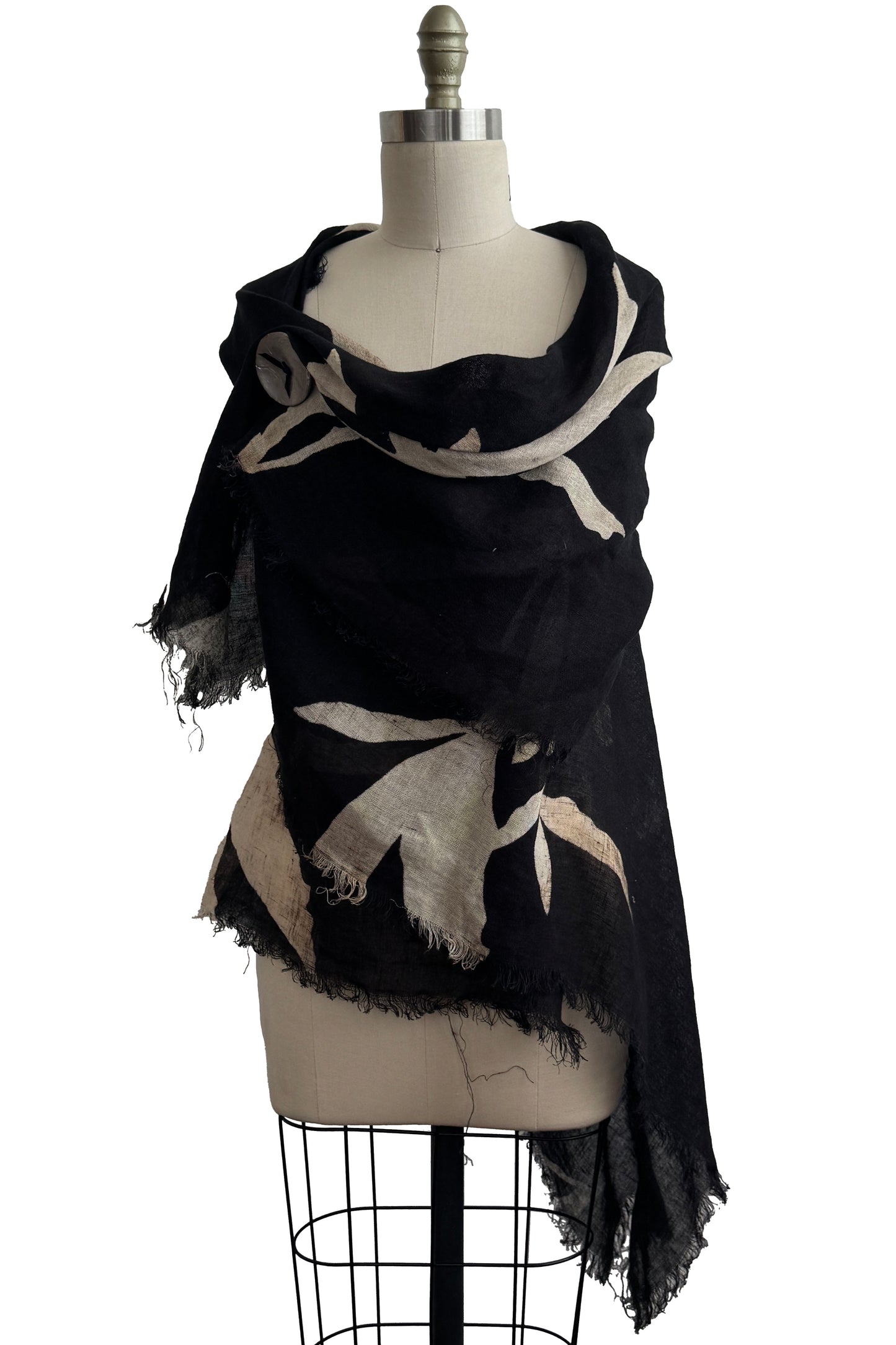 Asymmetrical Wrap Vest | Open Weave Linen | Azalea Leaf Print | Black & Natural