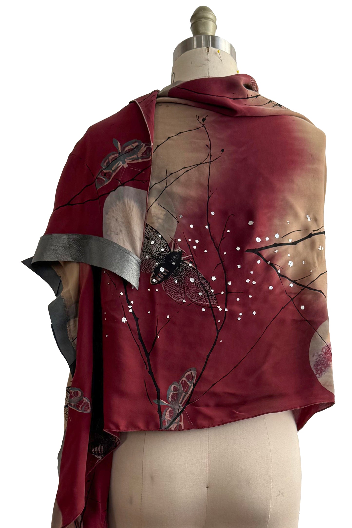 Chiffon Shawl w/ Leather Trim Moon & Moth Print - Red & Gold