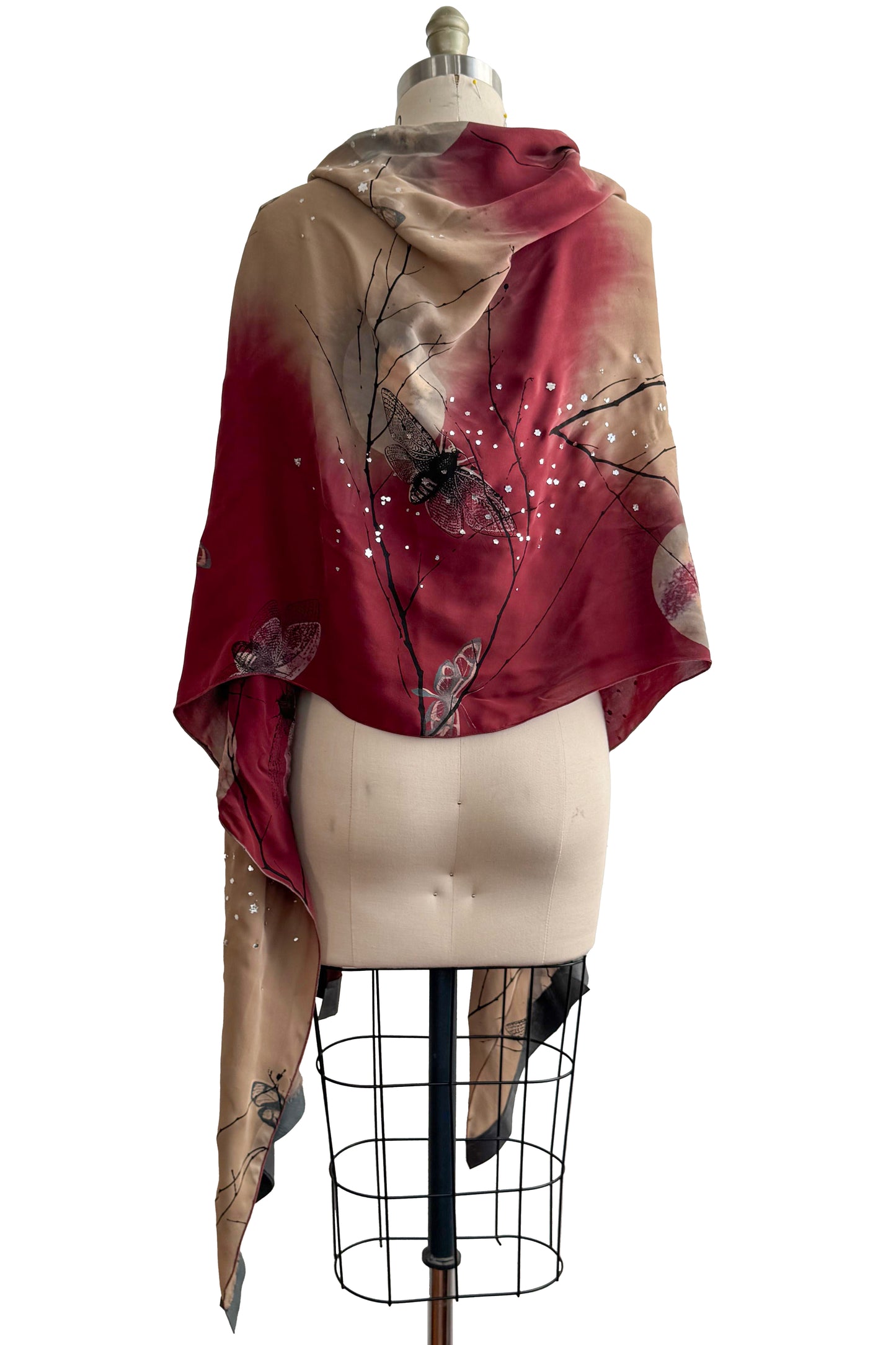 Chiffon Shawl w/ Leather Trim Moon & Moth Print - Red & Gold