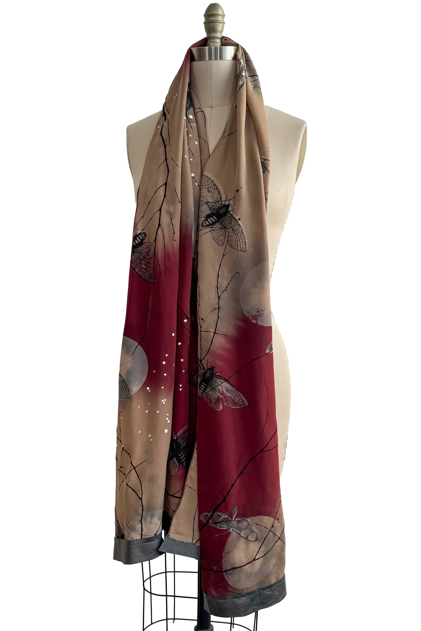 Chiffon Shawl w/ Leather Trim Moon & Moth Print - Red & Gold