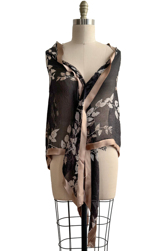 Triangle Shawl in Seersucker Silk - Bias Trim - Vine Print - Black & Stone