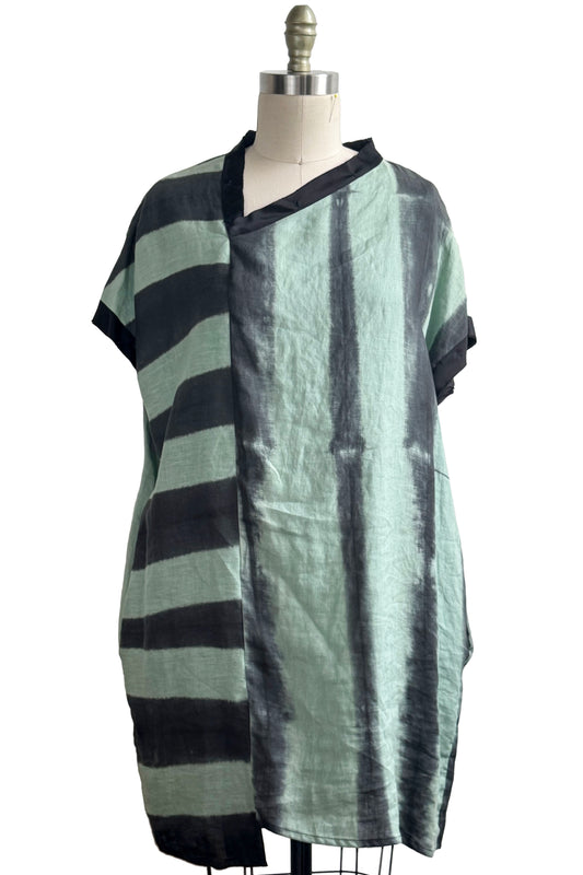 Petra Tunic in Linen w/Itajimie Dye - Charcoal & Mint Green - Medium