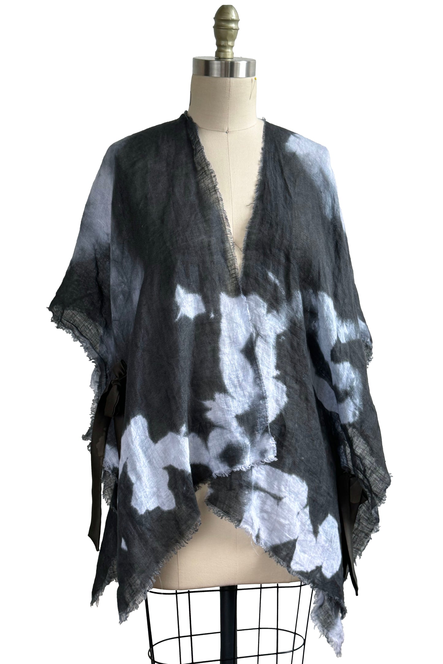 Open Weave Linen Drape w/ Silk Ties - Charcoal & Grey