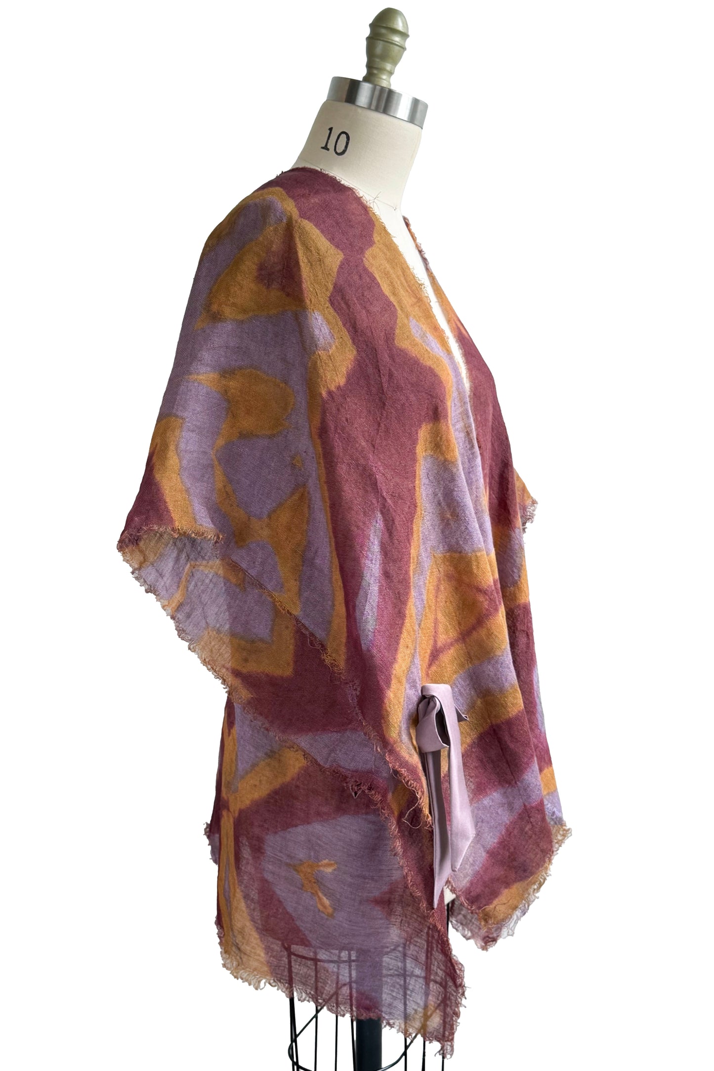 Open Weave Linen Drape w/ Silk Ties Itajime Shibori Dye - Plum, Lavender & Orange